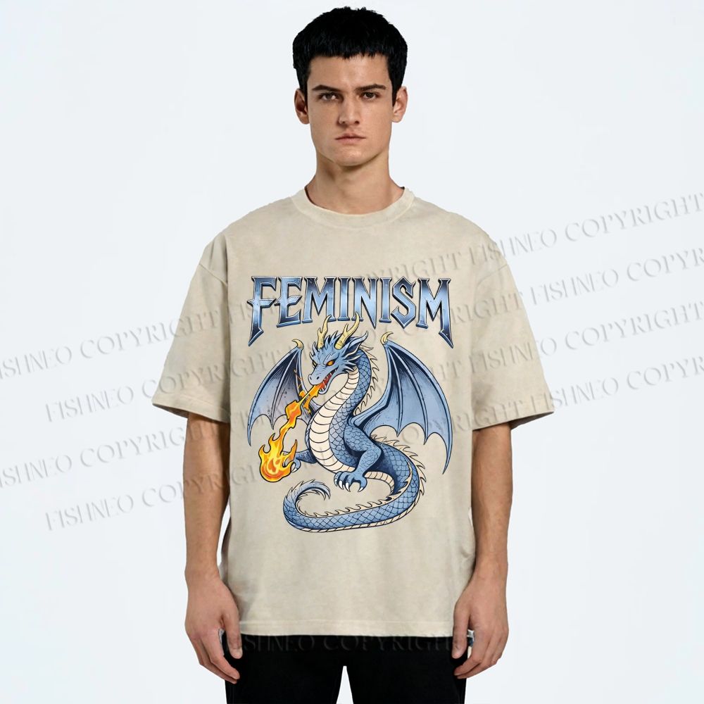 Unisex Feminism Dragon Fantasy Printed Washed Tee