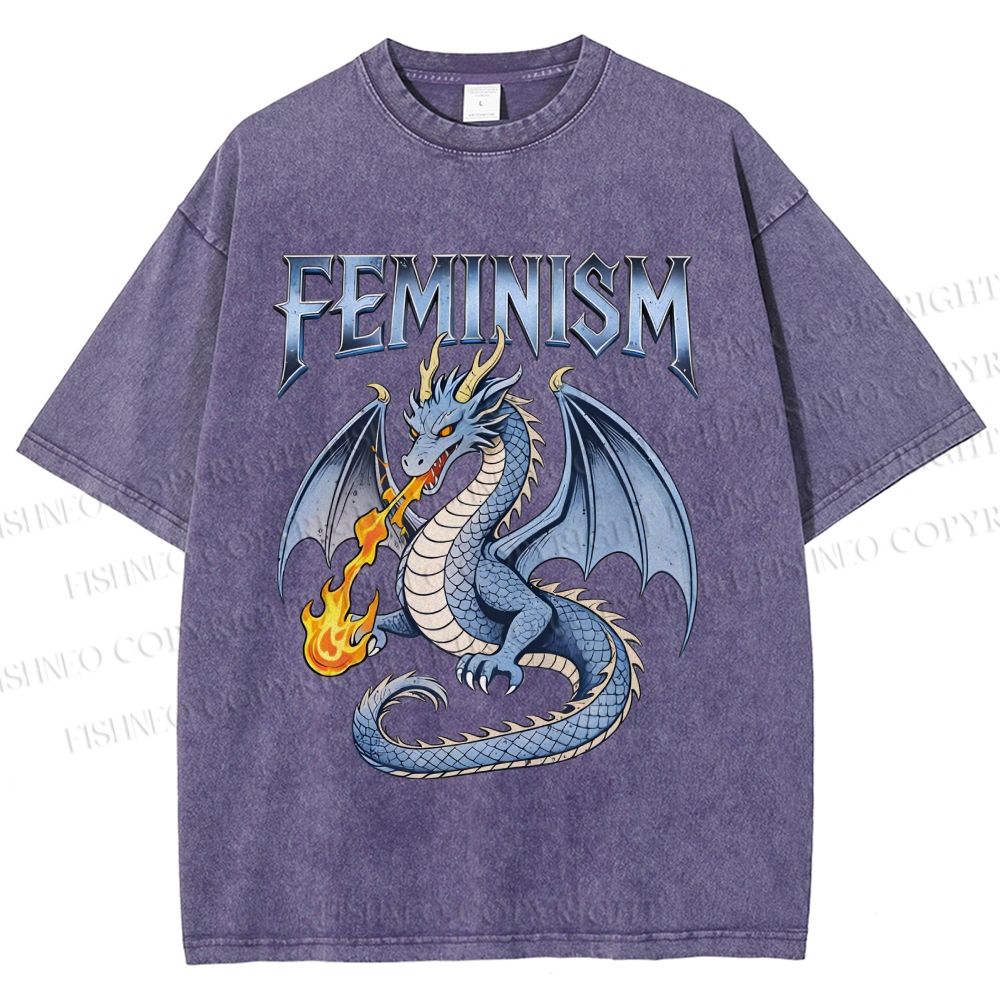 Unisex Feminism Dragon Fantasy Printed Washed Tee