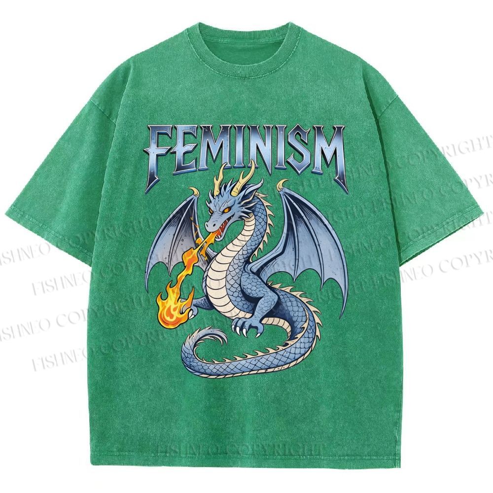 Unisex Feminism Dragon Fantasy Printed Washed Tee