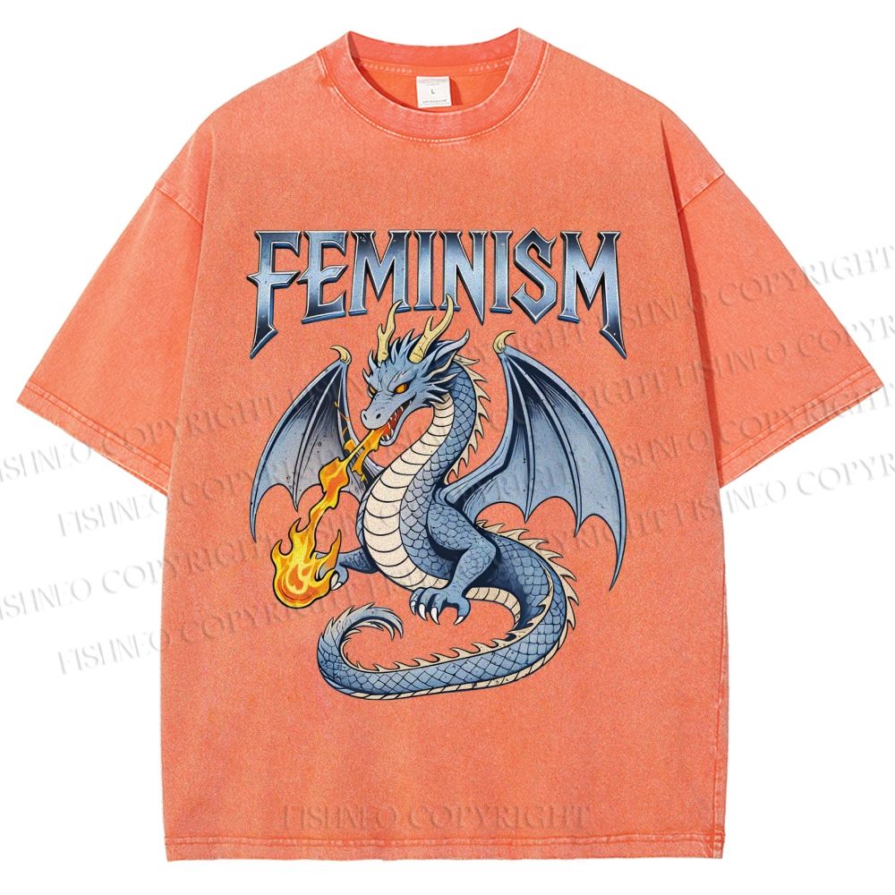 Unisex Feminism Dragon Fantasy Printed Washed Tee