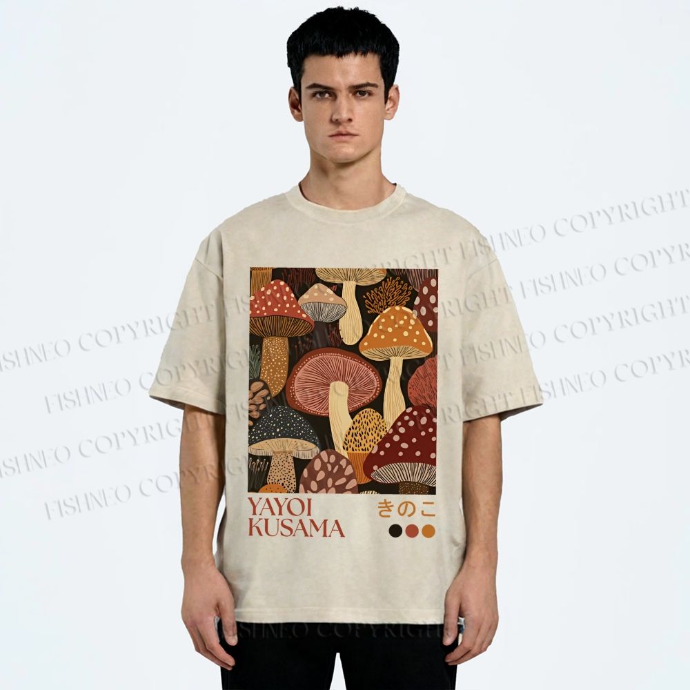 Unisex Yayoi Kusama Mushroom Printed Washed Tee
