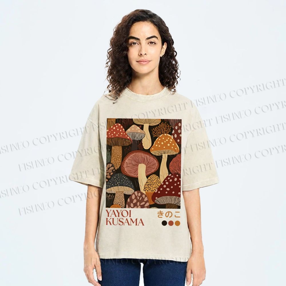 Unisex Yayoi Kusama Mushroom Printed Washed Tee