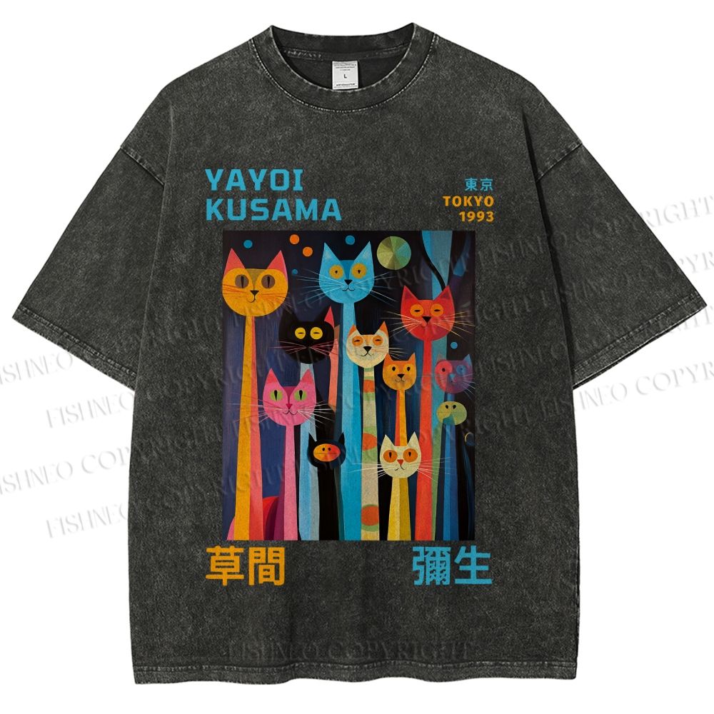 Unisex Yayoi Kusama Multicolor Cats Printed Washed Tee