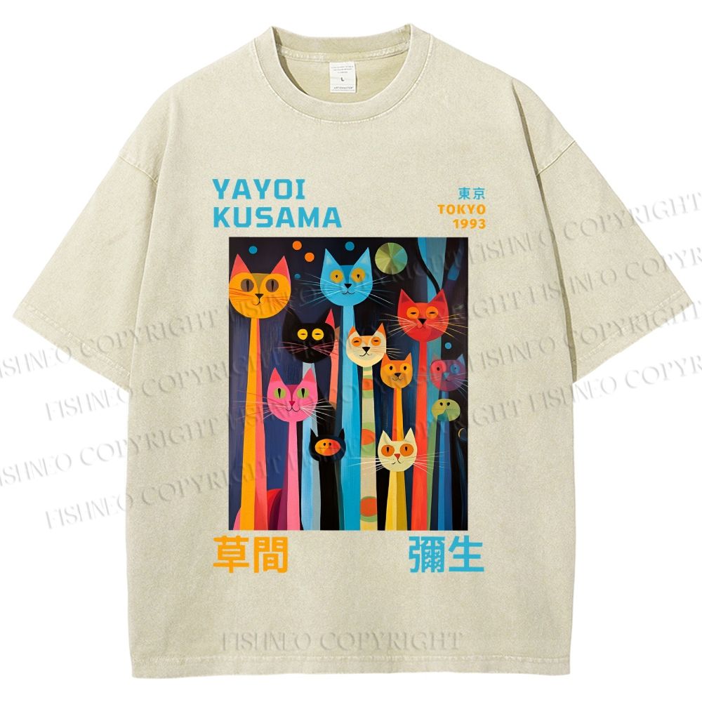 Unisex Yayoi Kusama Multicolor Cats Printed Washed Tee