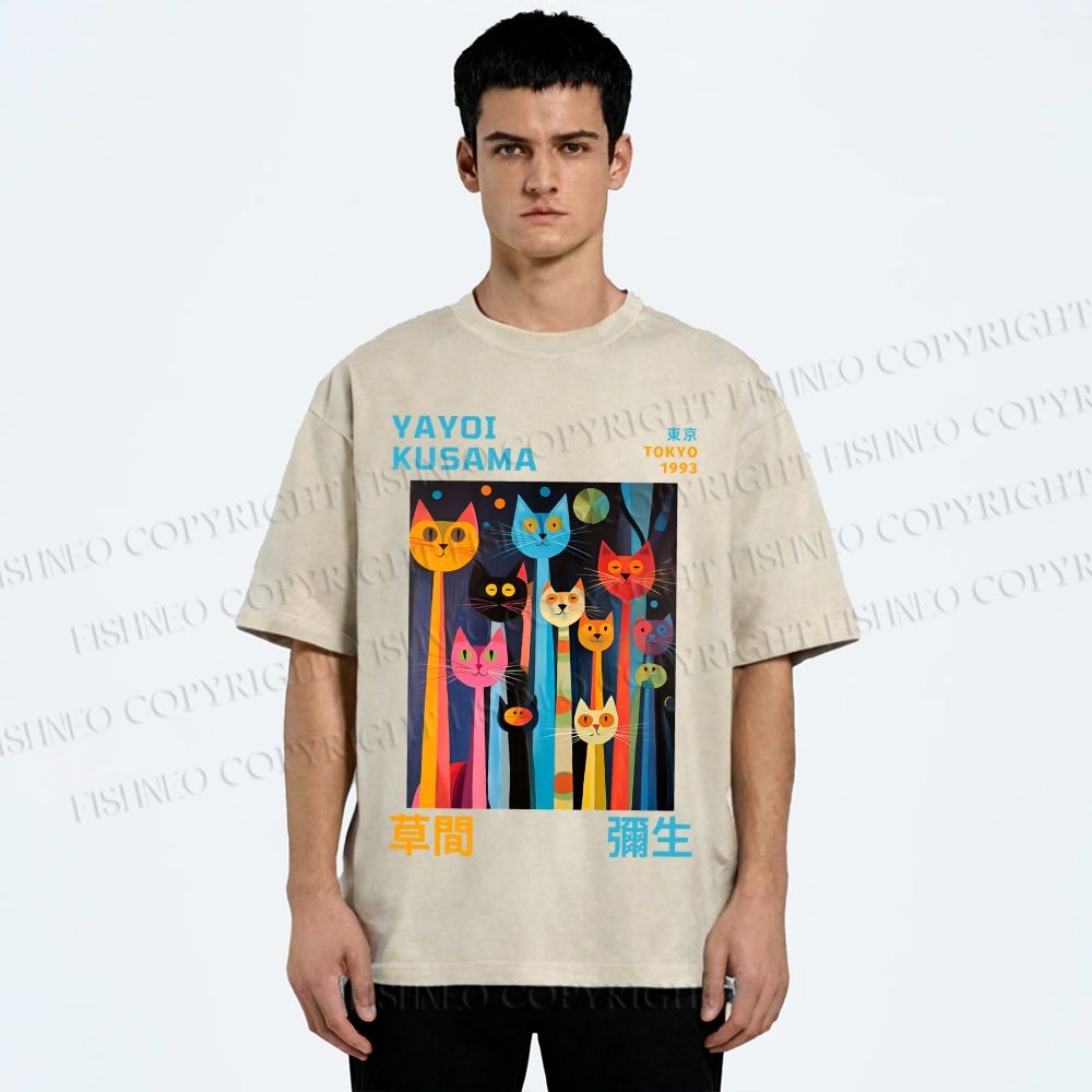 Unisex Yayoi Kusama Multicolor Cats Printed Washed Tee