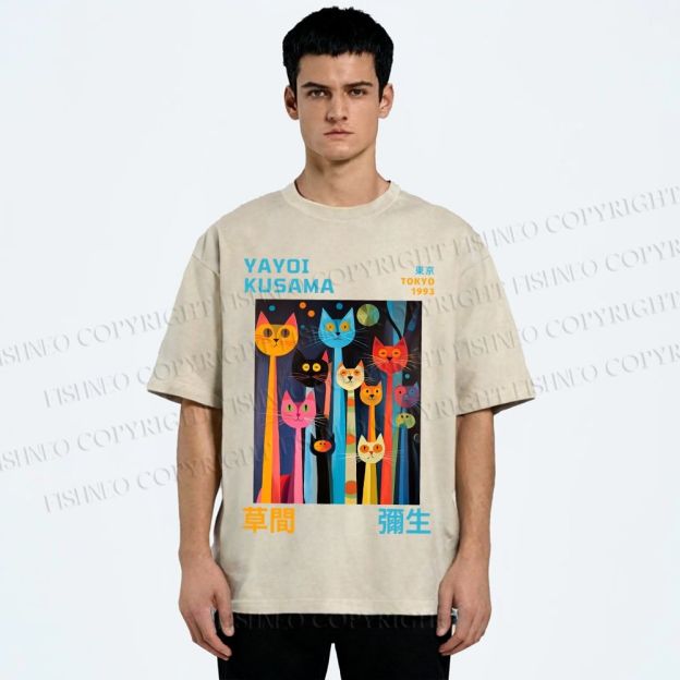 Unisex Yayoi Kusama Multicolor Cats Printed Washed Tee