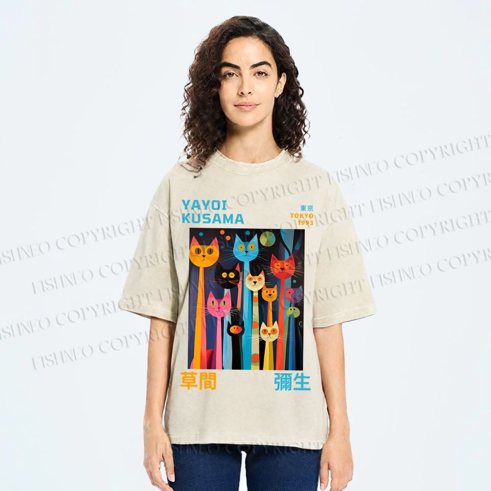 Unisex Yayoi Kusama Multicolor Cats Printed Washed Tee