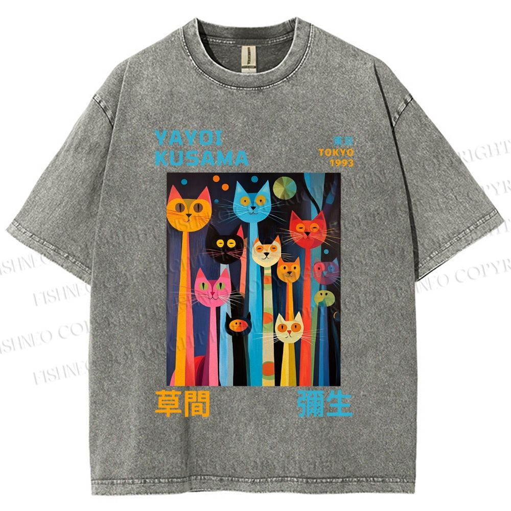 Unisex Yayoi Kusama Multicolor Cats Printed Washed Tee