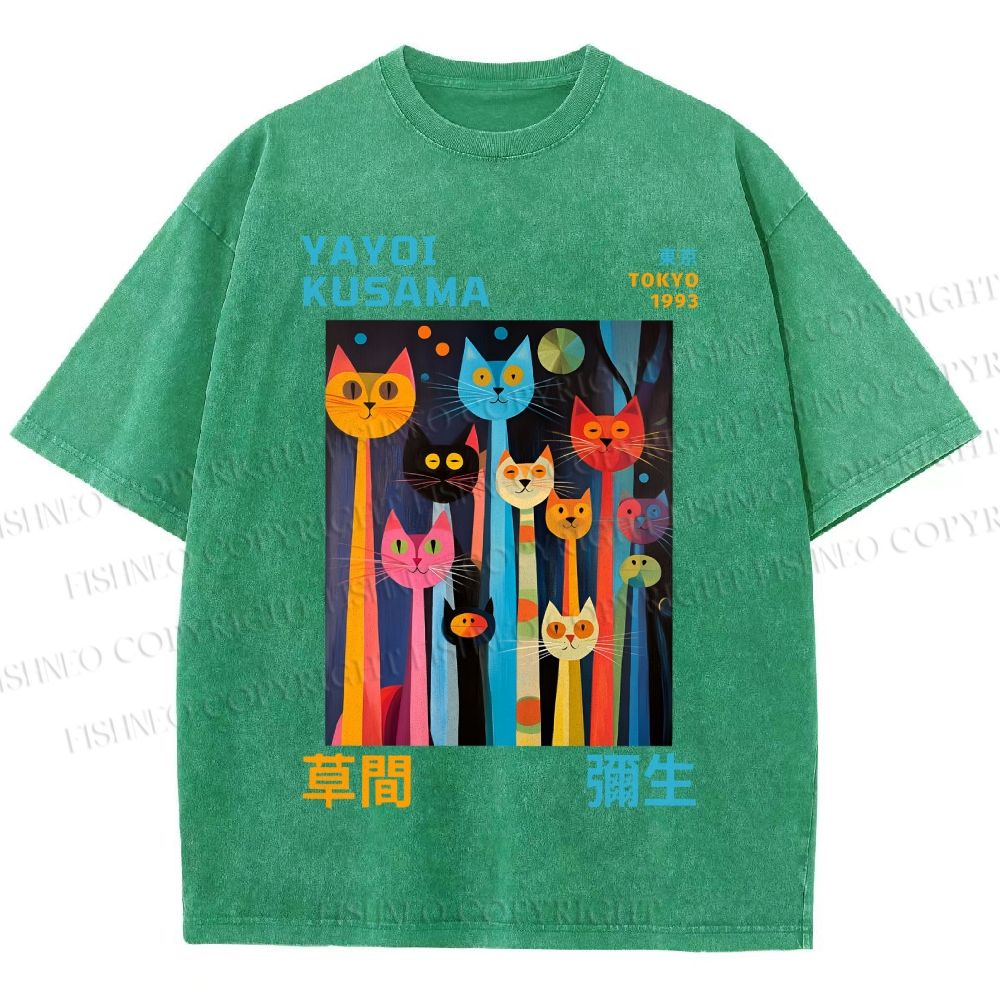 Unisex Yayoi Kusama Multicolor Cats Printed Washed Tee