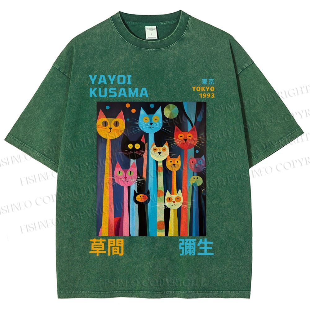 Unisex Yayoi Kusama Multicolor Cats Printed Washed Tee