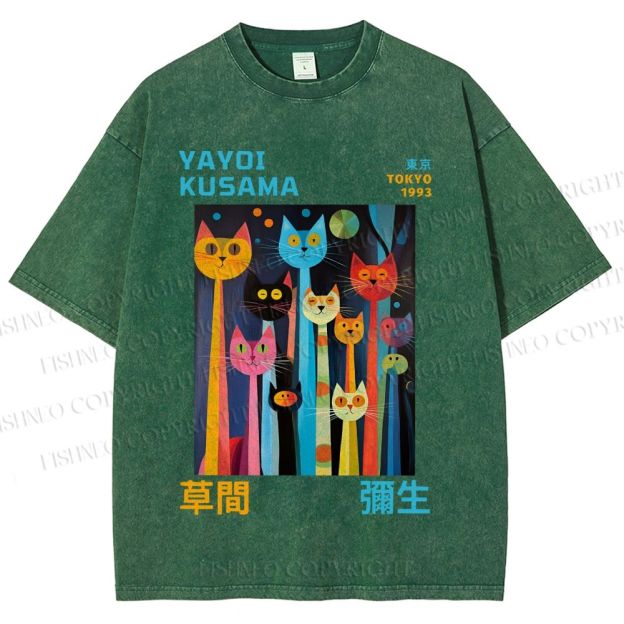 Unisex Yayoi Kusama Multicolor Cats Printed Washed Tee