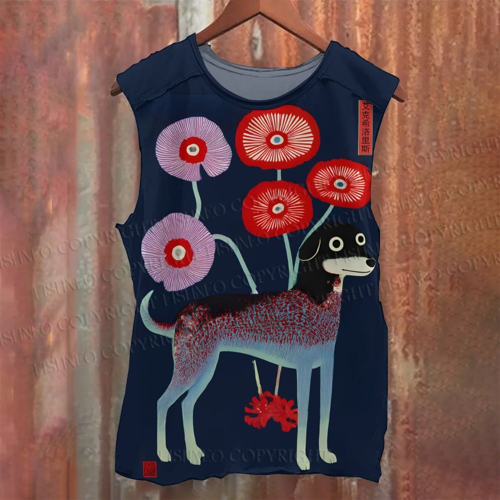 Unisex Casual Vintage Flowers Dog Printed Tank Top