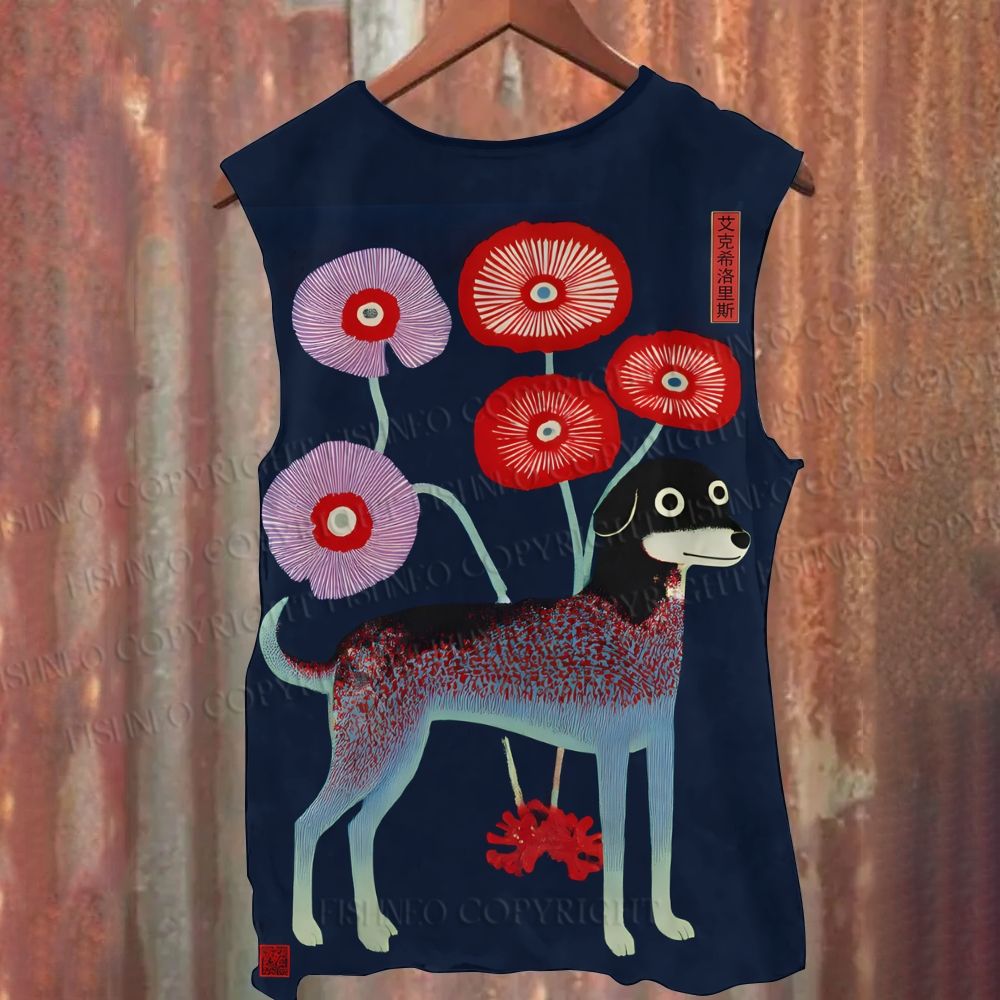 Unisex Casual Vintage Flowers Dog Printed Tank Top