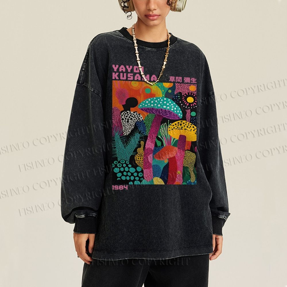 Unisex Casual Washed Yayoi Kusama Multicolor Mushroom Printed Long Sleeve T-shirt