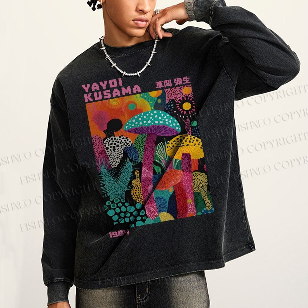 Unisex Casual Washed Yayoi Kusama Multicolor Mushroom Printed Long Sleeve T-shirt