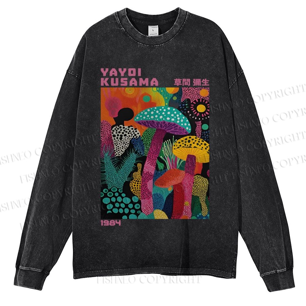Unisex Casual Washed Yayoi Kusama Multicolor Mushroom Printed Long Sleeve T-shirt