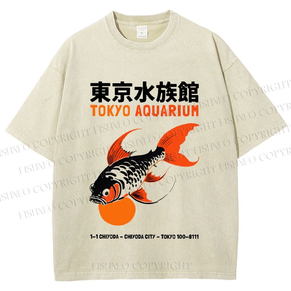 Unisex Tokyo Aquarium Koi Fish Printed Washed Tee