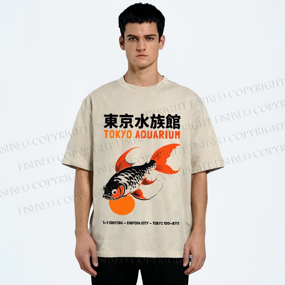 Unisex Tokyo Aquarium Koi Fish Printed Washed Tee
