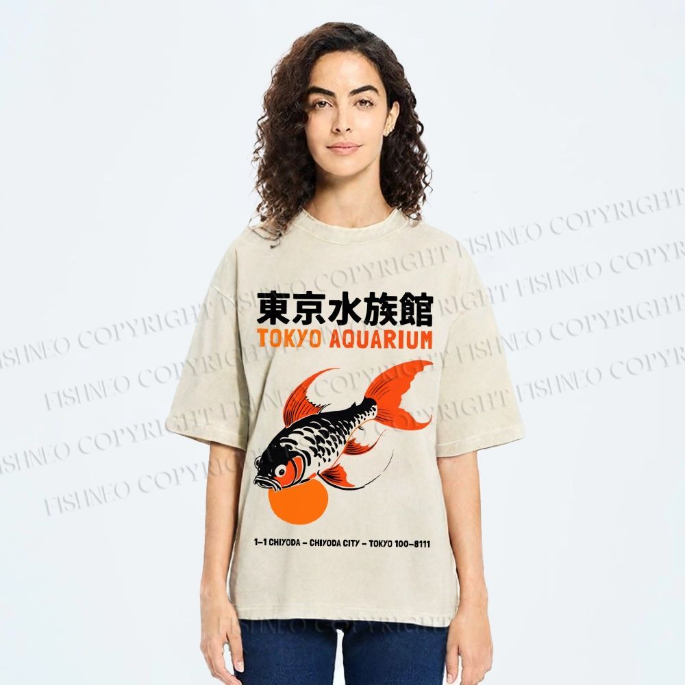 Unisex Tokyo Aquarium Koi Fish Printed Washed Tee