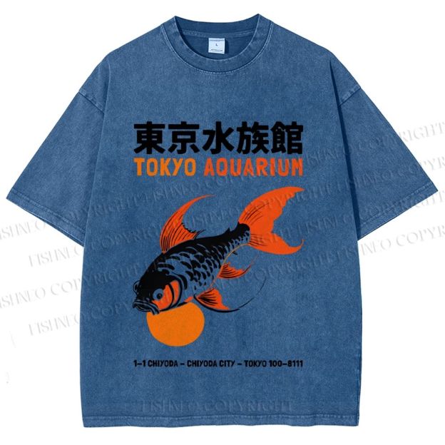 Unisex Tokyo Aquarium Koi Fish Printed Washed Tee