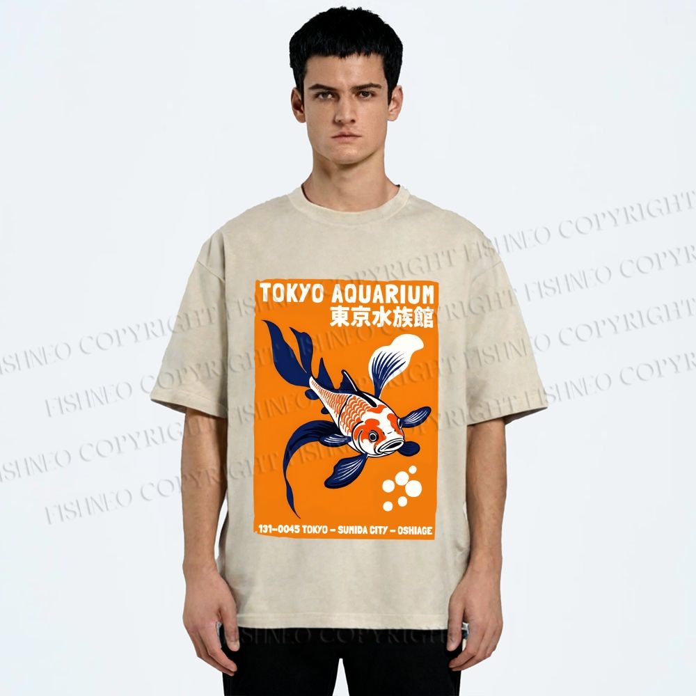 Unisex Tokyo Aquarium Koi Fish Printed Washed Tee