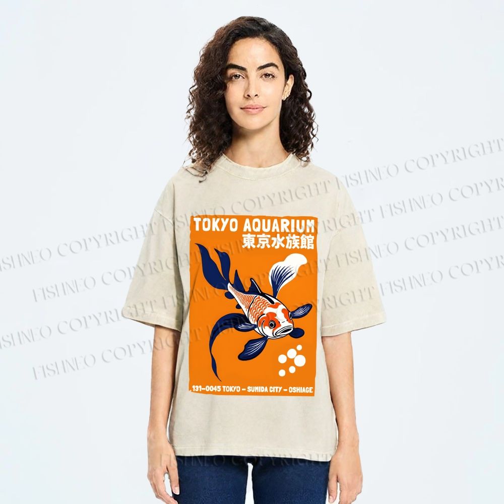 Unisex Tokyo Aquarium Koi Fish Printed Washed Tee