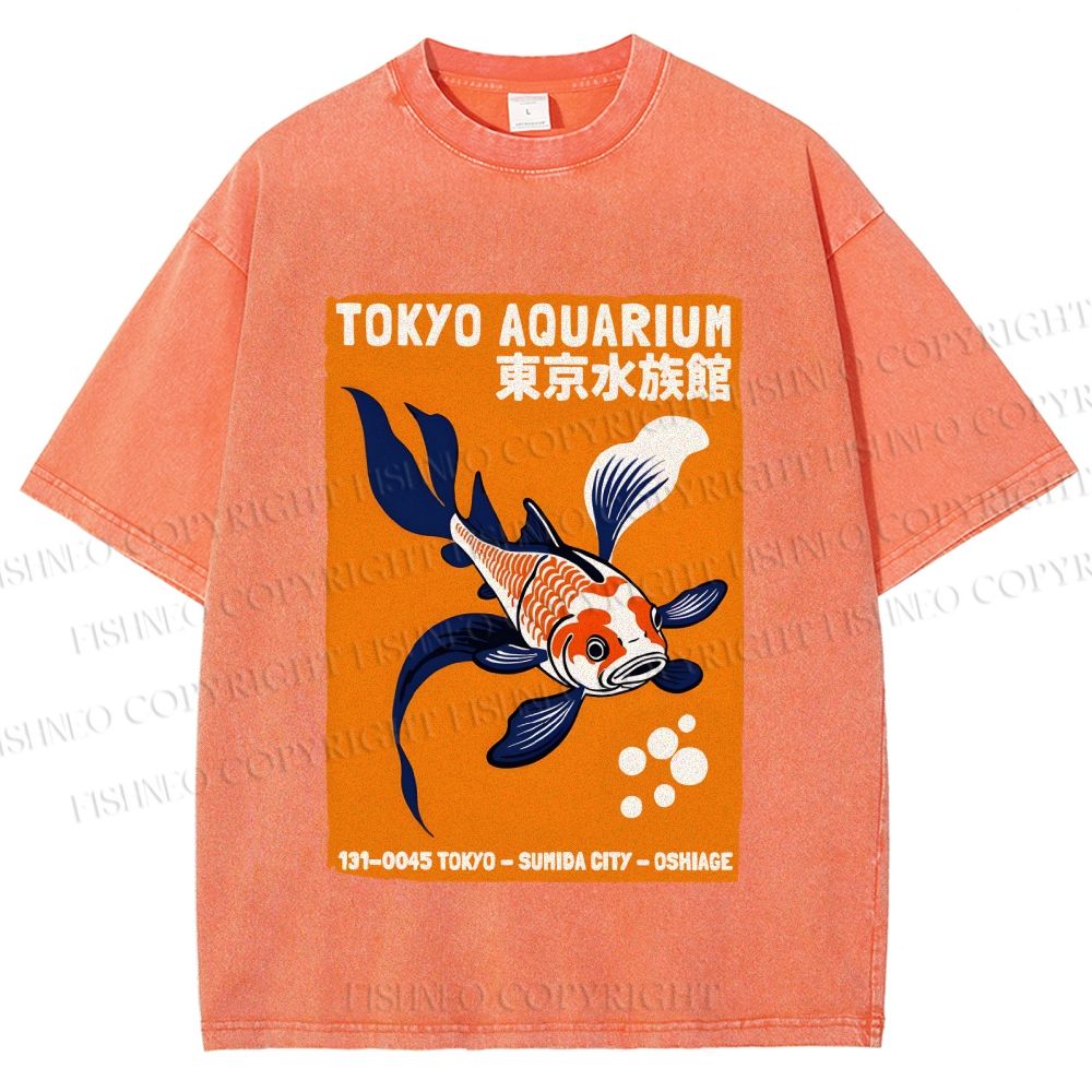 Unisex Tokyo Aquarium Koi Fish Printed Washed Tee