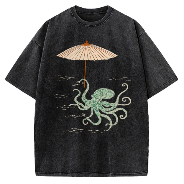 Retro Octopus Japanese Art Print Vintage Washed T-shirt