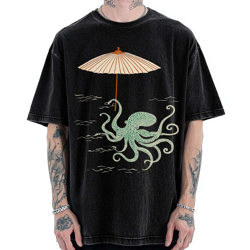 Retro Octopus Japanese Art Print Vintage Washed T-shirt