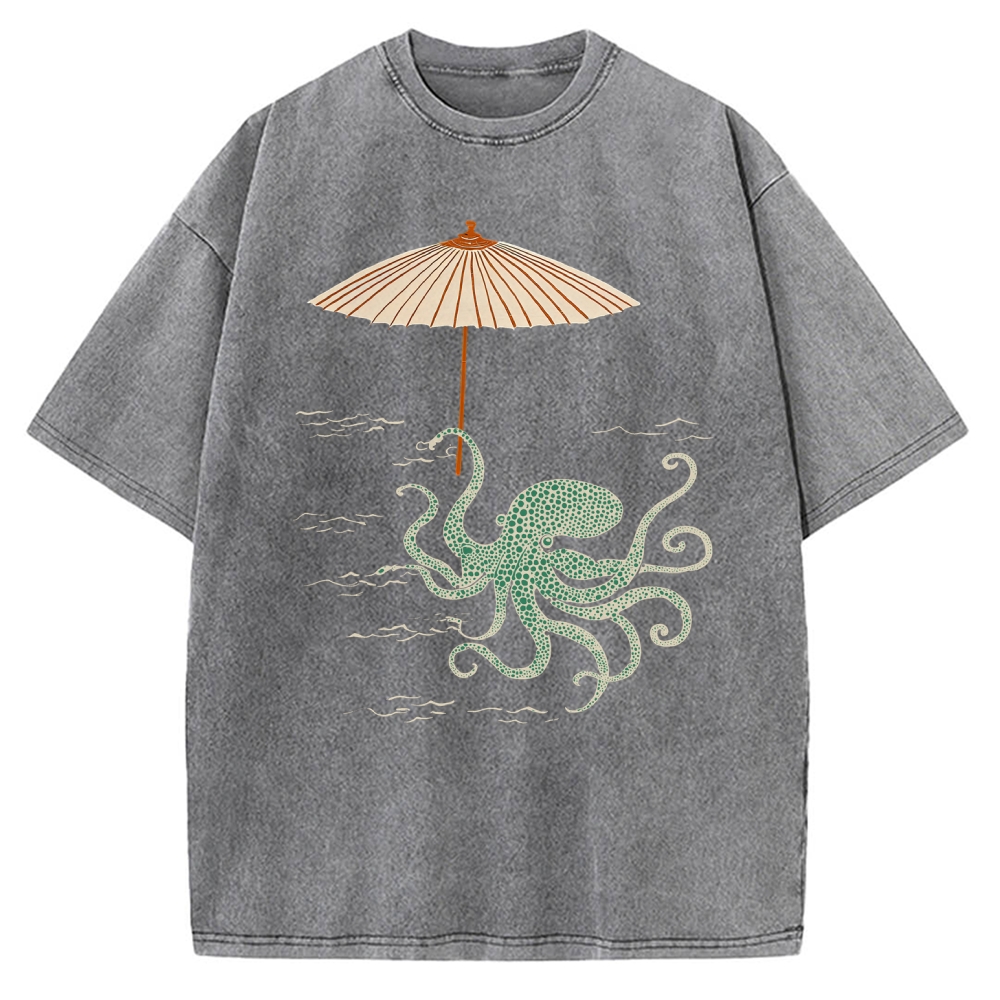 Retro Octopus Japanese Art Print Vintage Washed T-shirt