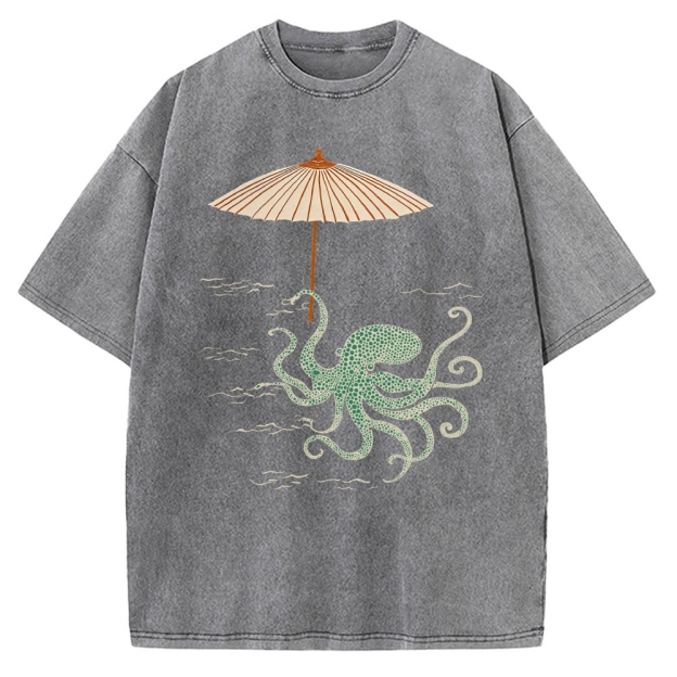 Retro Octopus Japanese Art Print Vintage Washed T-shirt