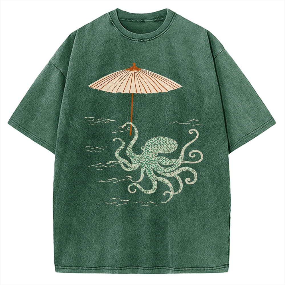 Retro Octopus Japanese Art Print Vintage Washed T-shirt