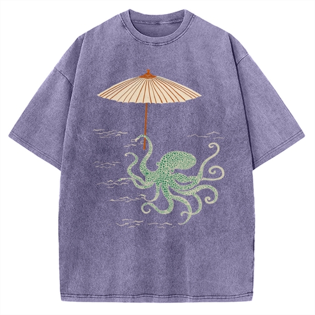 Retro Octopus Japanese Art Print Vintage Washed T-shirt