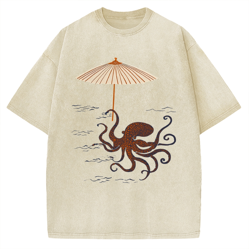 Retro Octopus Japanese Art Print Vintage Washed T-shirt