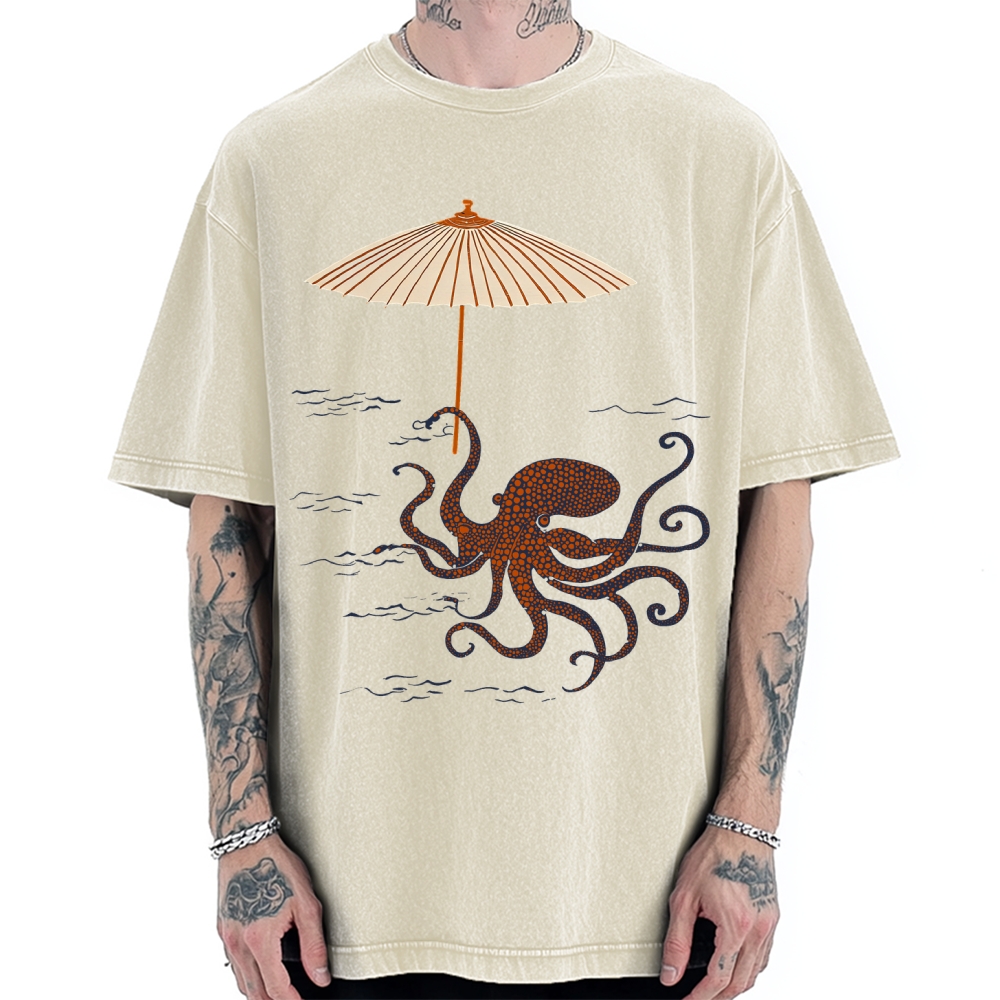 Retro Octopus Japanese Art Print Vintage Washed T-shirt