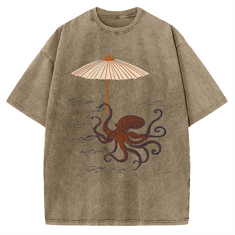 Retro Octopus Japanese Art Print Vintage Washed T-shirt