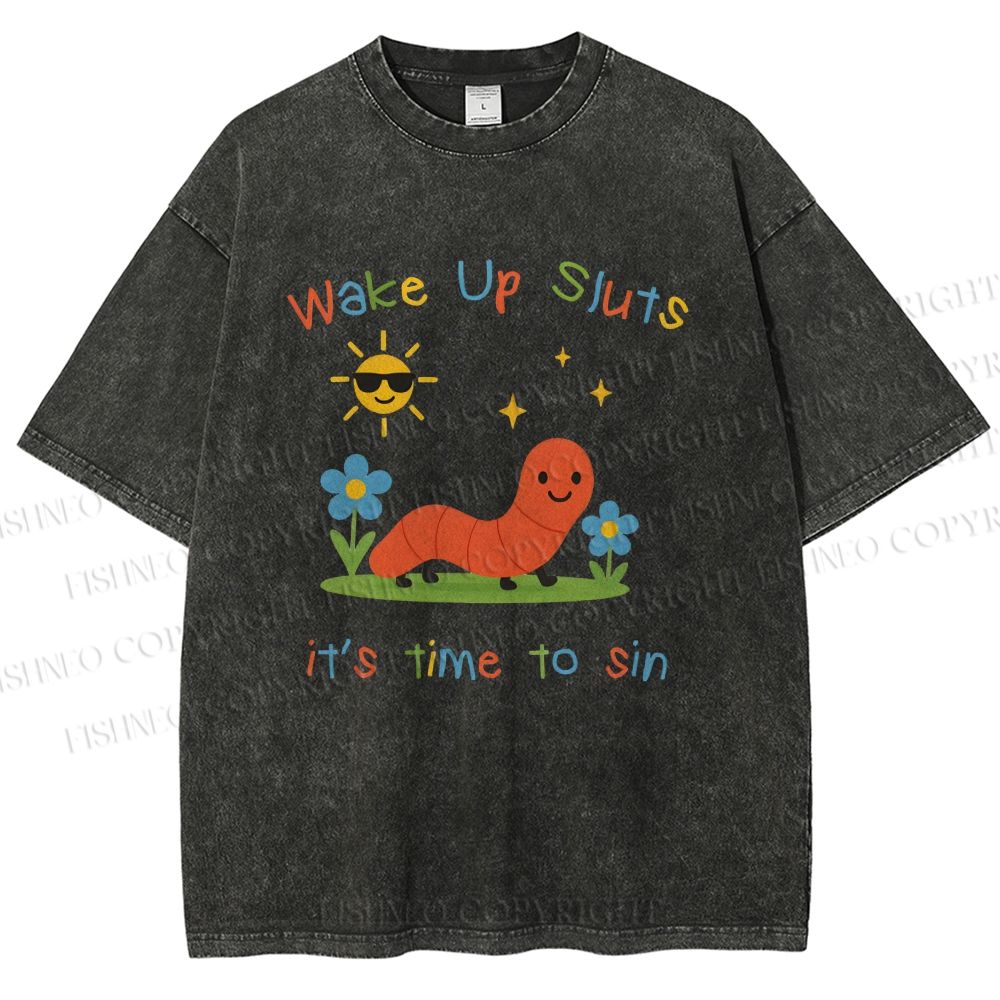 Unisex Wake up Cute Children's Drawings Printed Washed Tee