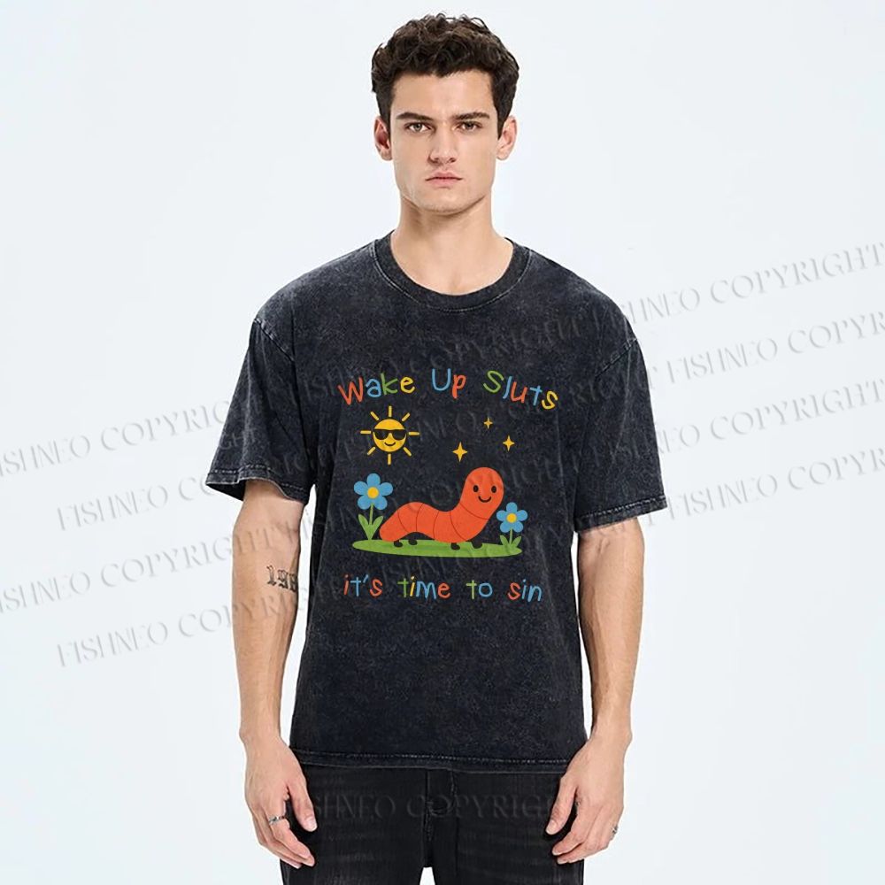 Unisex Wake up Cute Children's Drawings Printed Washed Tee