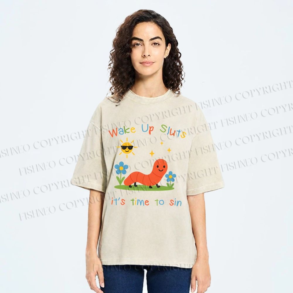 Unisex Wake up Cute Children's Drawings Printed Washed Tee