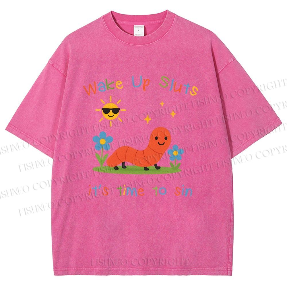 Unisex Wake up Cute Children's Drawings Printed Washed Tee
