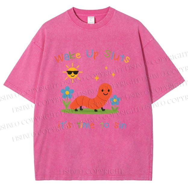 Unisex Wake up Cute Children's Drawings Printed Washed Tee