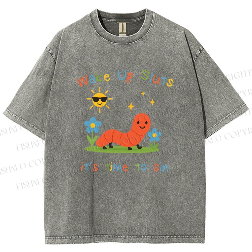 Unisex Wake up Cute Children's Drawings Printed Washed Tee
