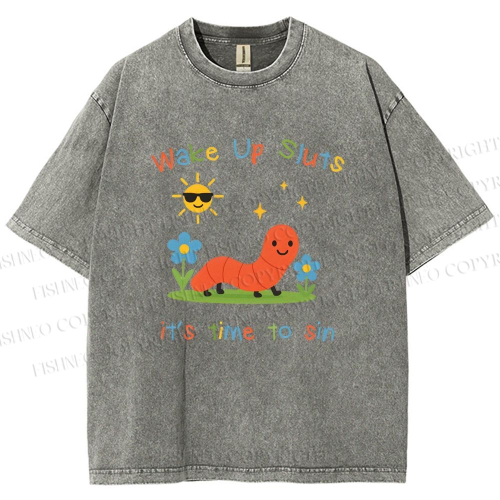 Unisex Wake up Cute Children's Drawings Printed Washed Tee
