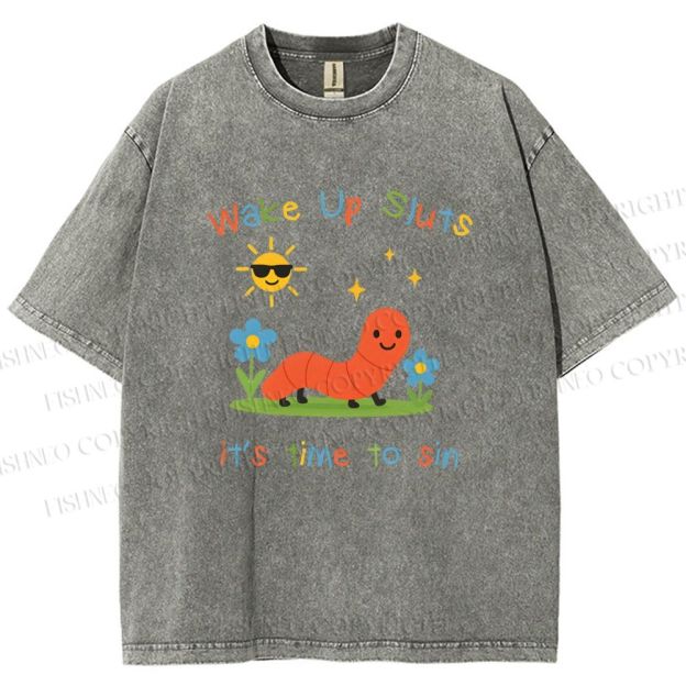 Unisex Wake up Cute Children's Drawings Printed Washed Tee
