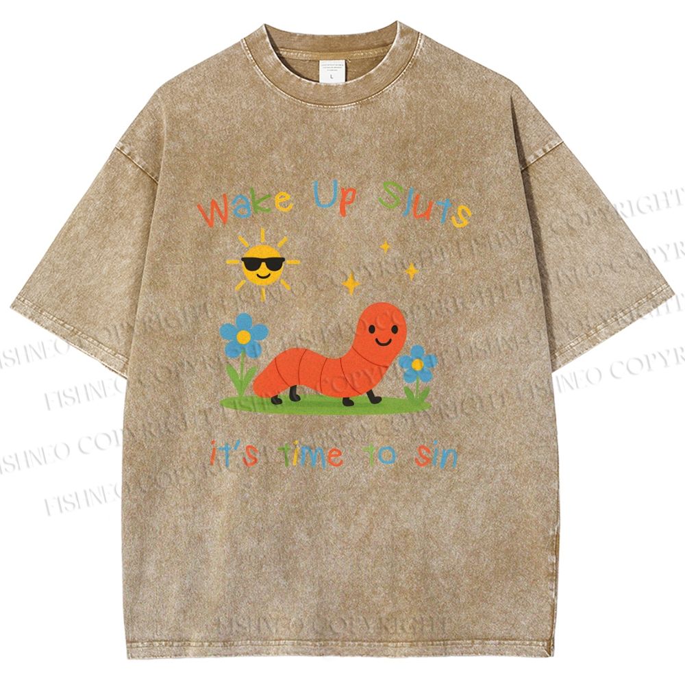 Unisex Wake up Cute Children's Drawings Printed Washed Tee