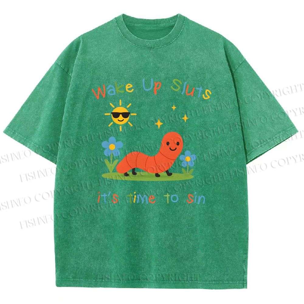 Unisex Wake up Cute Children's Drawings Printed Washed Tee