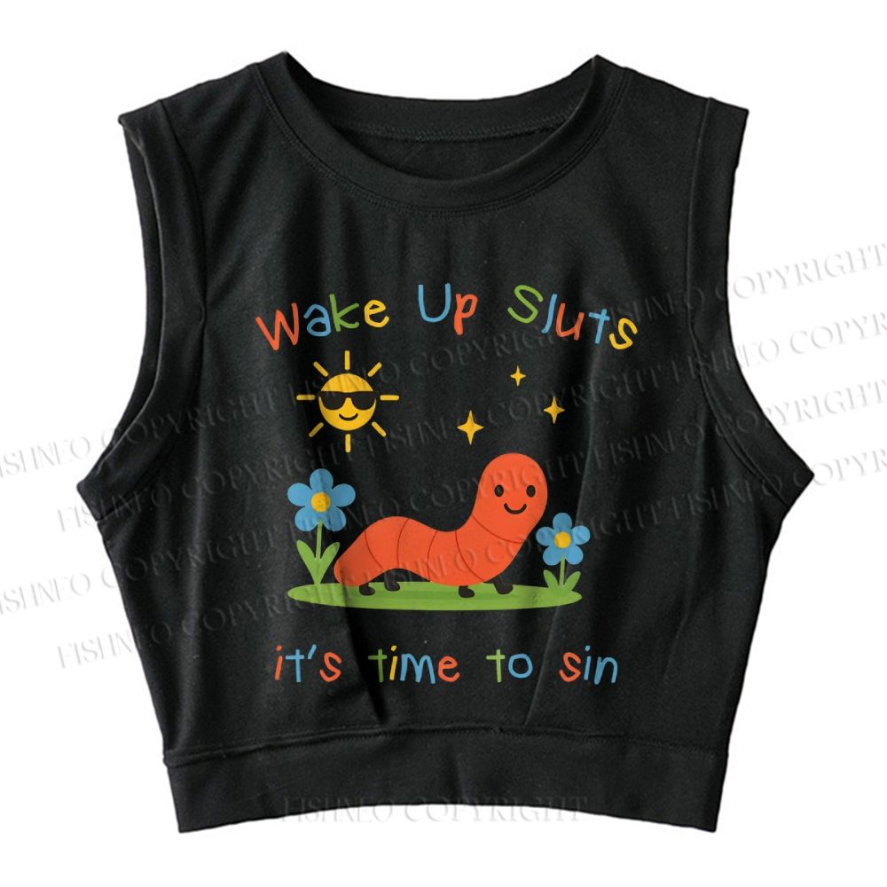 Wake up Cute Children's Drawings Printed Sleeveless Crop Tops