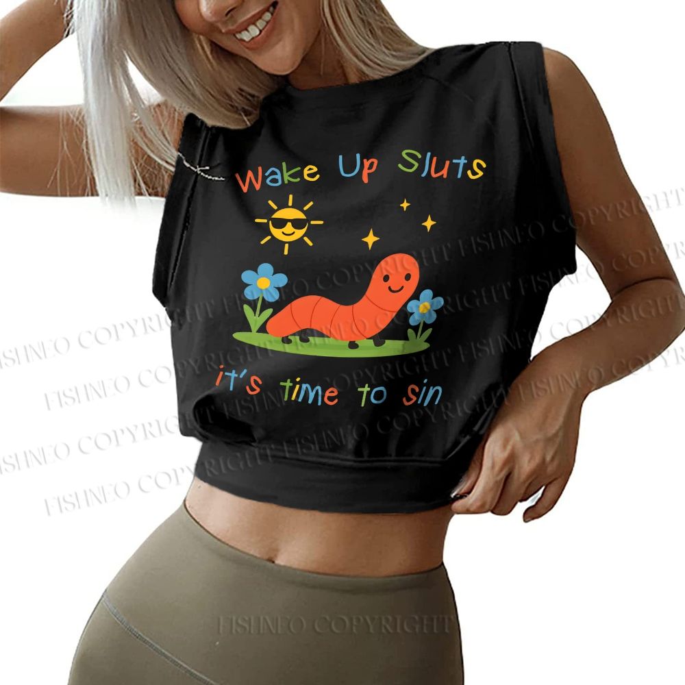 Wake up Cute Children's Drawings Printed Sleeveless Crop Tops