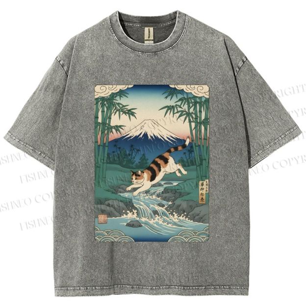 Unisex Vintage Japanese Mount Fuji Cat Printed Washed Tee