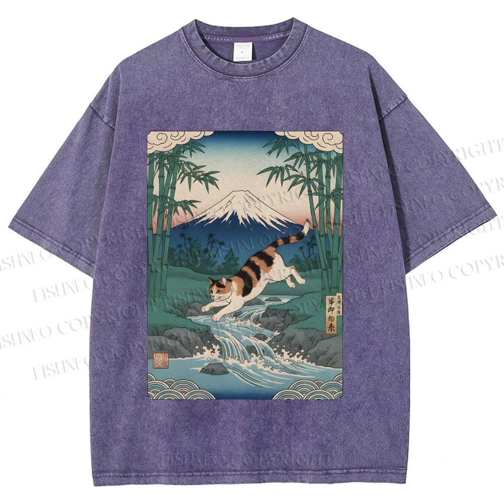 Unisex Vintage Japanese Mount Fuji Cat Printed Washed Tee